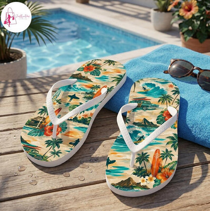 Retro Hawaiian Flip Flop, Tropical Beach Surf Thongs, Vintage Surfboard Palm Tree Sandal, Summer Ocean Vacation Footwear, Coastal Beach Gift