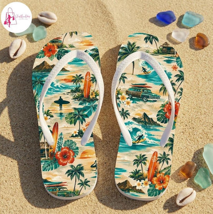Retro Hawaiian Flip Flop, Tropical Beach Surf Thongs, Vintage Surfboard Palm Tree Sandal, Summer Ocean Vacation Footwear, Coastal Beach Gift