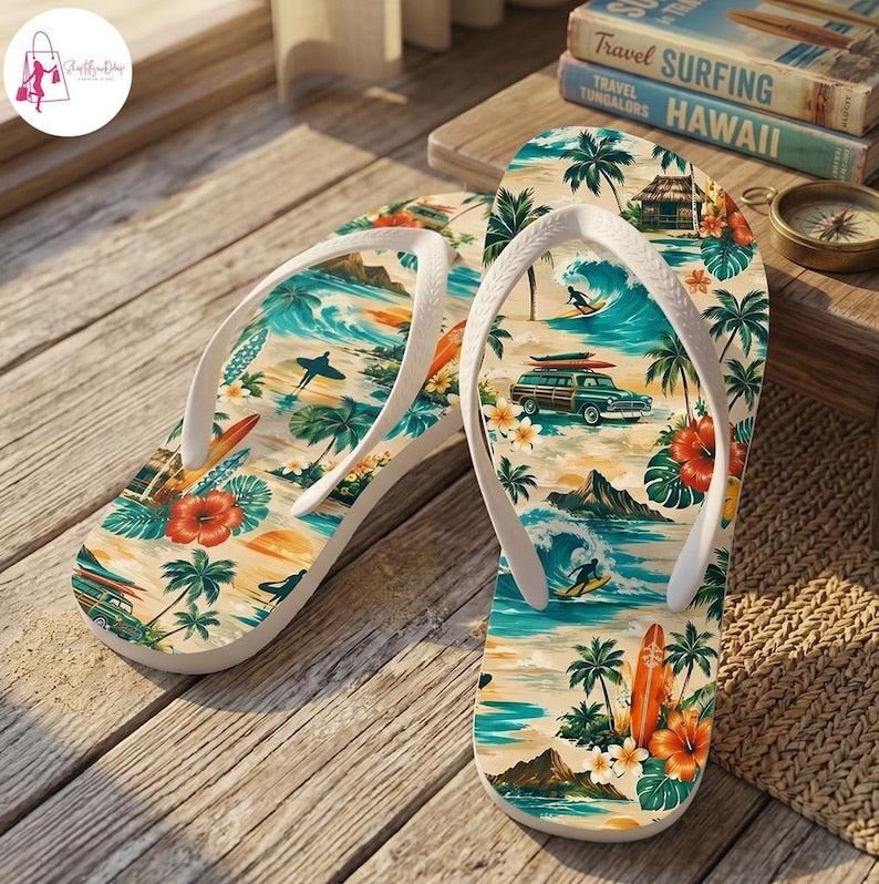 Retro Hawaiian Flip Flop, Tropical Beach Surf Thongs, Vintage Surfboard Palm Tree Sandal, Summer Ocean Vacation Footwear, Coastal Beach Gift