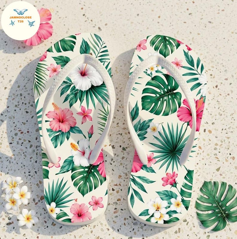 Tropical Hibiscus Floral Flip Flops, Hawaiian Beach Summer Sandals