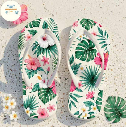 Tropical Hibiscus Floral Flip Flops, Hawaiian Beach Summer Sandals