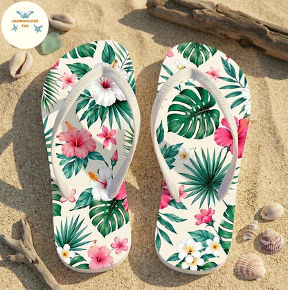 Tropical Hibiscus Floral Flip Flops, Hawaiian Beach Summer Sandals