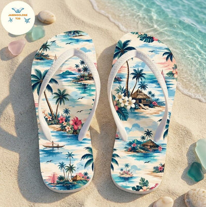 Hawaiian Island Flip Flops, Tropical Beach Sandals, Palm Tree Summer Shoes