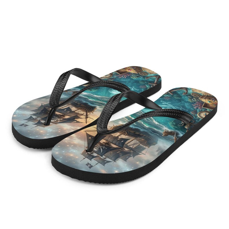 Pirate Ship Flip Flops | Undersea Treasure Sublimation Sandals