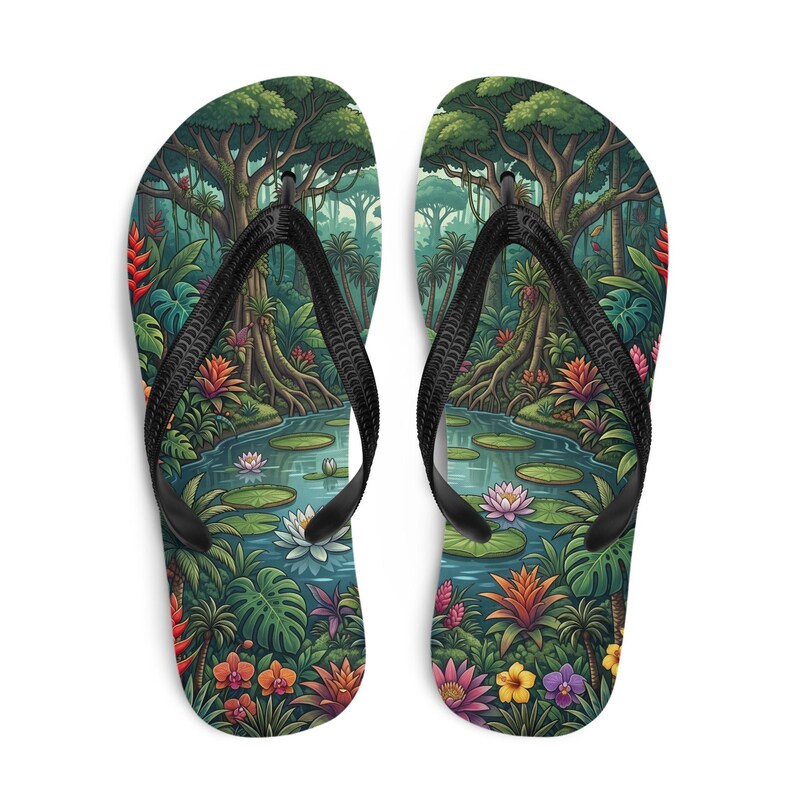 Jungle Flip Flops | Tropical Rainforest Lagoon Sublimation Sandals