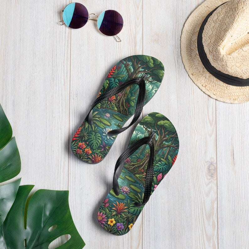 Jungle Flip Flops | Tropical Rainforest Lagoon Sublimation Sandals