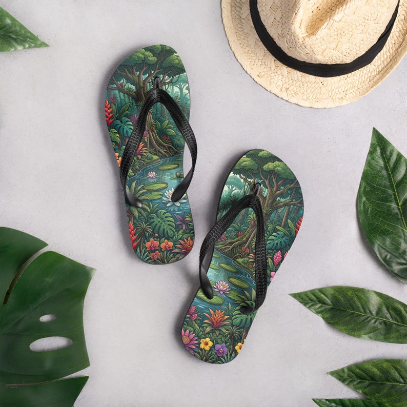 Jungle Flip Flops | Tropical Rainforest Lagoon Sublimation Sandals